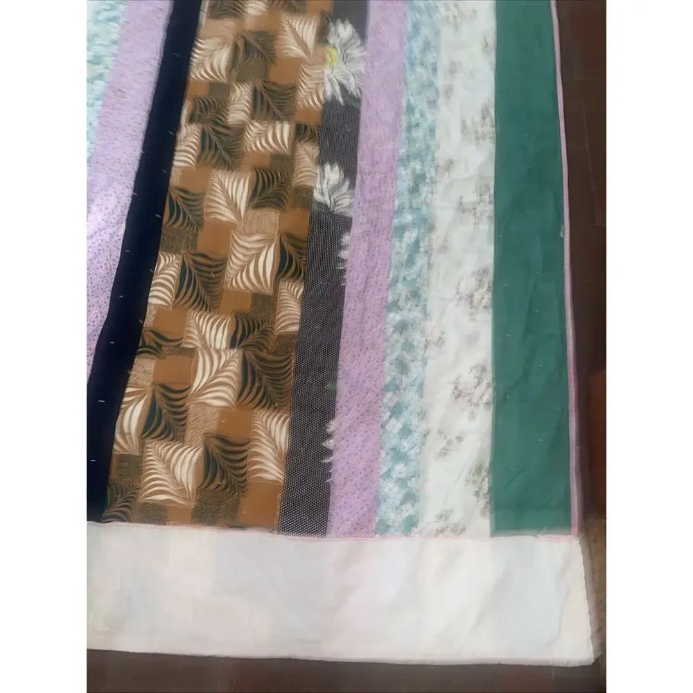 Vintage Handmade Hand Knotted Twin Sz Cotton Quilt Patchwork 77”x 58”